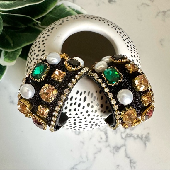 2/$30🌵 Bejeweled Thick Black Hoop Earrings Rhinestone Faux Pearl Royalty NEW - Picture 12 of 16